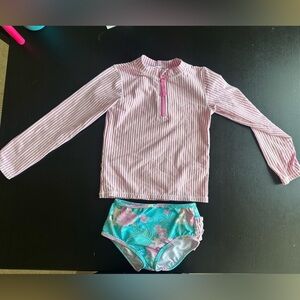 Ruffle Butts Pink Seersucker Rashguard and Tropical bottoms swim set